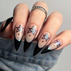 Press on Nails, Black French Tips, Pentagram Nails, Gothic Nails, Pagan Nails, Witchy Nails, Chrome Nails, Green, Blue and Purple Nails, Alt - Etsy Pagan Nails, Pentagram Nails, Chrome Nails Green, Nails Green Blue, Blue And Purple Nails, Nails Witchy, Nails Black French, Short Nail Bed, Stained Nails