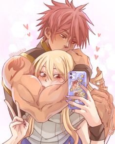 two anime characters hugging each other while taking a selfie with their cell phone camera