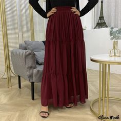 Olivia Mark - Chic Solid Color Casual Pleated Chiffon Midi Skirt Chiffon Midi Skirt, Maxi Skirts Summer, Muslim Style, Long Formal Gowns, Pleated Chiffon, Muslim Dress, Skirt Maxi, Chiffon Material, Formal Gown