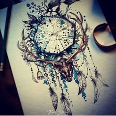 a drawing of a deer's head with feathers and dream catchers on it