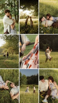 a collage of photos with people in the grass and one person holding a cello