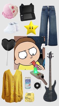 an assortment of items including a guitar, cell phone and other items are arranged in the shape of a cartoon character