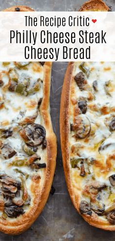 two cheesy breads with cheese and mushrooms on them