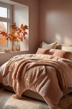 a bedroom with pink walls and a bed in front of a window filled with fall leaves