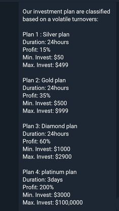 the pricing sheet for an investment plan