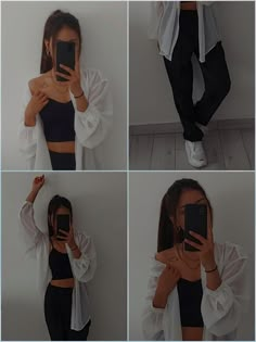 four photos of a woman taking a selfie with her cell phone and wearing black pants