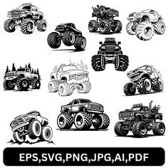 monster trucks with big tires and trees on them in black and white, set of eight