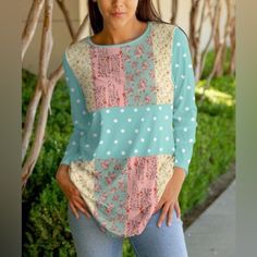 Aqua And Rose Floral Patchwork Jewel Collar Long Sleeve Tunic Size Large 12/14 Lily By Firmiana Pink Spliced Top For Fall, Long Sleeve Pink Patchwork Tops, Pink Long Sleeve Tops With Lace Patchwork, Pink Long Sleeve Patchwork Tops, Pink Long Sleeve Top With Lace Patchwork, Multicolor Spliced Tops For Spring, Spring Pink Lace Patchwork Top, Pink Long Sleeve Tops With Floral Patchwork, Casual Pink Tops With Floral Patchwork