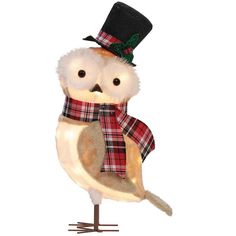 an owl with a top hat and scarf on it's head is standing upright