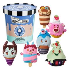 several stuffed animals and an ice cream container