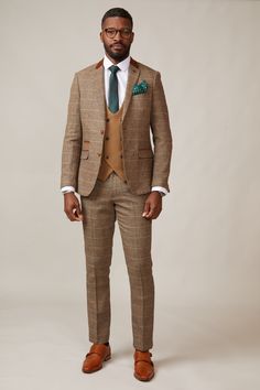 DX7 - Tan Tweed Check Suit With Kelvin Oak Waistcoat Suits Groom, Wool Waistcoat, Double Breasted Waistcoat, Day At The Races, Formal Fashion, Check Suit, Stylish Suit, Checked Trousers, Plaid Suit