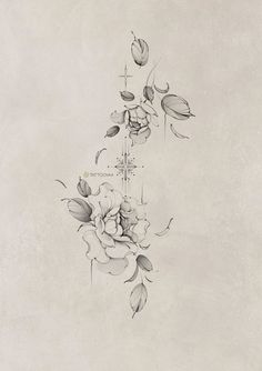 a black and white drawing of flowers on a wall