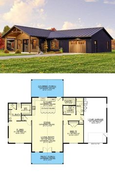 the floor plan for this ranch style home is shown in blue and white, with an open