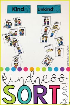 a white board with some sort of pictures on it and the words kind of kindness sort