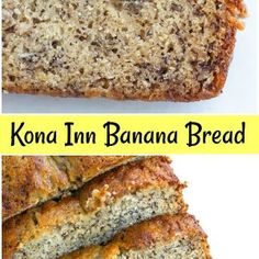 two pictures of banana bread with the words kona in banana bread on top and bottom