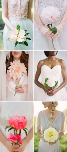 a series of photos showing different types of flowers in their bouquets and the bride's dress