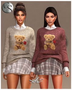 two women wearing sweaters with teddy bears on them