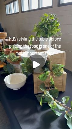 there is a table with plants and bowls on it