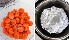 two pictures side by side one has cooked carrots and the other has wrapped in aluminum foil