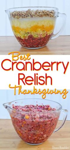 two bowls filled with cranberry relish on top of a wooden table next to each other