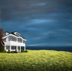 a painting of a white house on top of a green hill next to the ocean