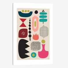 an abstract art print with various shapes and sizes on the front of a white canvas