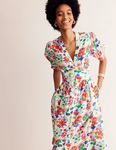 Elsa Midi Tea Dress - Multi, Wildflower Cluster | Boden US Colourful Prints, Going Out Trousers, Elsa Dress, Linen Loungewear, How To Iron Clothes, Midi Shirt Dress, Dress Shapes, Clothing Care, Short Pajama Set