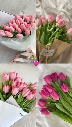 pink tulips are arranged in different ways