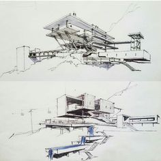 two drawings of different types of architecture