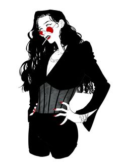 a drawing of a woman in black and red makeup with her hands on her hips