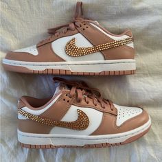 Light Pink Dunks With Rhinestones On The Outside Swoosh Luxury Bedazzled Low-top Sneakers, Luxury Custom Sneakers With Rhinestones And Round Toe, Luxury Bedazzled Sneakers, Luxury Bedazzled Round Toe Sneakers, Pink Dunks Low, Light Pink Dunks, Rhinestone Nike, Pink Dunks, Bling Nike Shoes