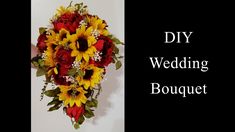 a bouquet with sunflowers and red roses is displayed on a white background that says diy wedding bouquet