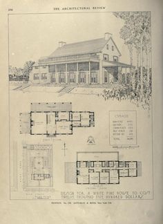 an old house with plans for the front and back of it, as well as other drawings