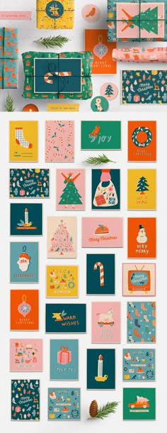 an assortment of christmas greeting cards and envelopes with different designs on them, all in bright colors