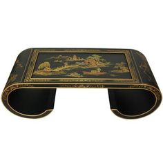 A beautiful, authentically crafted oriental scroll table, an ideal size and shape for a distinctive coffee or coffee table. Finished in a refined, medium gloss black lacquer, and hand painted with a lovely, delicately rendered Asian landscape design. | World Menagerie Ivey Scroll Coffee Table Wood in Black/Brown, Size 16.0 H x 48.0 W x 18.0 D in | Wayfair Asian Coffee Table, Cheap Coffee Table, Bombay Chest, Bamboo Coffee Table, Asian Landscape, Acrylic Coffee Table, Traditional Interior Design, Black Coffee Tables, Cool Coffee Tables