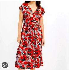 Nwt Size 6 Loft Red Botanical Casual A Line Button Down Belted Midi Dress. Has Short Sleeves, 100% Viscose. Summer Workwear Patterned Dresses, Summer Red Printed Midi Dress, Red Floral Print Rayon Dresses, Casual Red Rayon Dress, Casual Red Rayon Midi Dress, Tiger Print Dress, Green Summer Dresses, Casual Midi Dress, Yellow Floral Dress