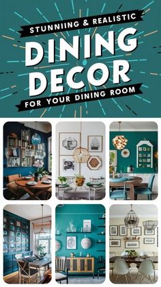 the dining room is decorated in teal and white