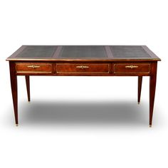 an antique desk with two drawers on one side and gold trimmings on the other