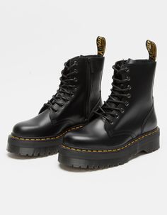 Dr. Martens Jadon Platform Boots. A fierce evolution of our 8-eye boot, the Jadon retains all its original details — grooved edges, yellow stitching and a heel-loop — and adds a chunky, empowering platform sole. Inner ankle zip. Made with the classic Dr. Martens Polished smooth leather, a lightly textured, highly durable leather with a soft sheen. Platform height 1 3/4". Imported.NOTE: Runs large; size down if you are between sizes. Dr Martens Platform Boots, Jadon Platform Boots, Doc Martens Black, Dr Martens Platform, Doc Martens Women, Martin Shoes, Doc Marten Boot, Jadon Boots, Dr Martens Jadon