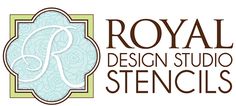 the royal design studio stencils logo is shown in blue and white with an ornate frame