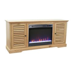 a wooden entertainment center with an electric fireplace