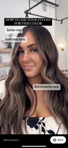 Darker Dimensional Hair, Dark Chocolate With Money Piece, Brunette Blended Highlights, Middle Part Balayage, Black With Caramel Balayage, Blended Dimensional Brunette, Dimensional Brunette Medium Length, Full Head Babylights Brunette, Dark Brown Light Brown Balayage