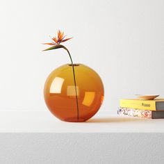 an orange vase sitting on top of a table next to a stack of books and a flower