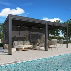 an outdoor living area next to a swimming pool