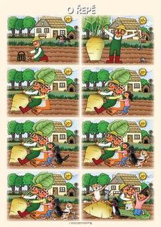 four different pictures of people playing with each other in front of a house and trees