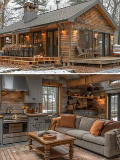 two pictures side by side of a log cabin with an open kitchen and living room