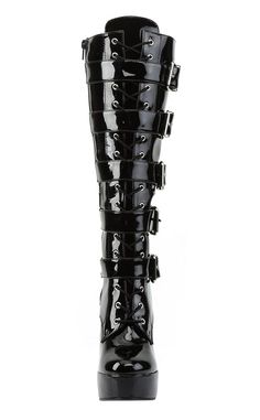 5" Stack Heel W/1 1/2" PF BootsHEEL/PLATFORM : 5" Heel, 1 1/2" PFFIT GUIDE : True to sizeVEGAN : Yes Patent Knee High Boots, Pleaser Heels, Pleaser Shoes, Black Platform Boots, Japan Woman, Thigh Boot, Knee Boot, Platform Boots, Platform Shoes