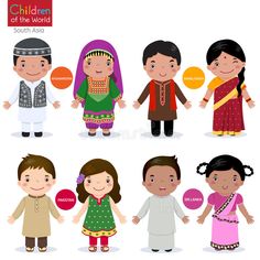 Children of the world (Afghanistan, Bangladesh, Pakistan and Srilanka) stock illustration Harmony Day, Costumes Around The World, World Thinking Day, Kids Around The World, Traditional Costume, World Cultures, Featured Art, Free Vector Art, Children Illustration