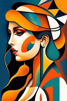 an abstract painting of a woman's face with orange and blue shapes on it