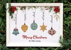 a christmas card with ornaments hanging from it